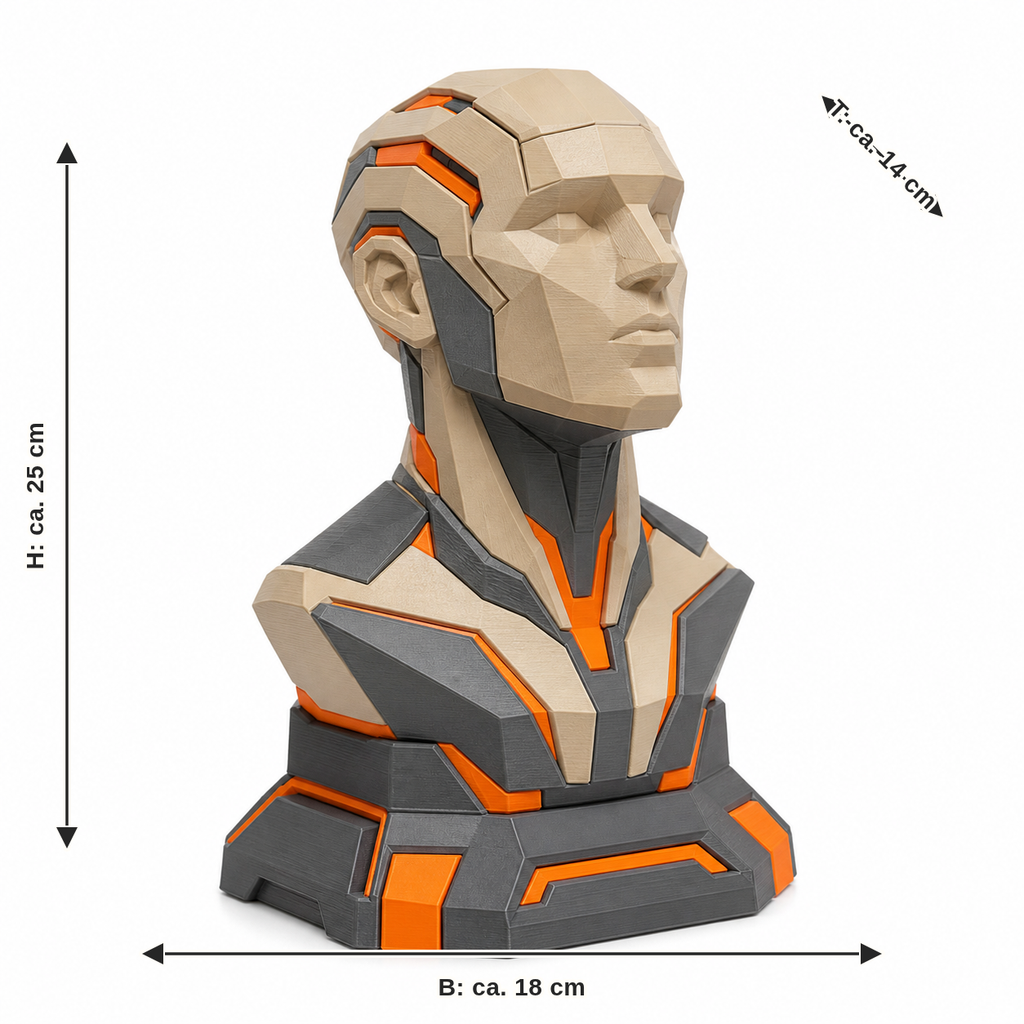 Measurement for futuristic bust with technical facets: width approx. 18 cm, depth approx. 14 cm, height approx. 25 cm