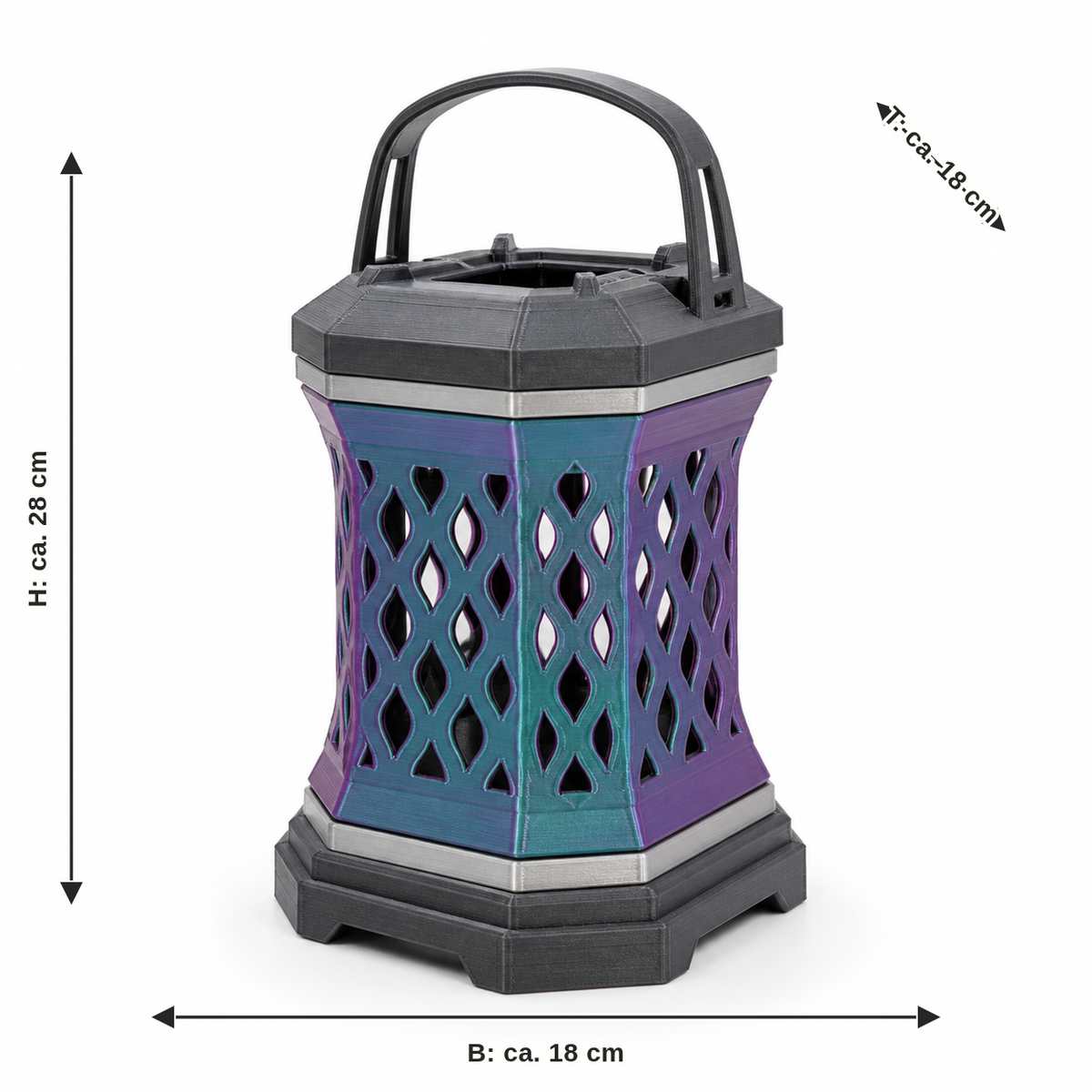 Dimensional image for Futuristic garden lantern with diamond grid: width approx. 18 cm, depth approx. 18 cm, height approx. 28 cm
