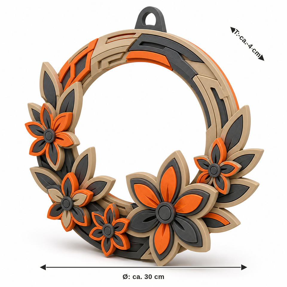 Maßbild für Futuristischer Blütenkranz in Beige und Orange: Durchmesser ca. 30 cm, Tiefe ca. 4 cm