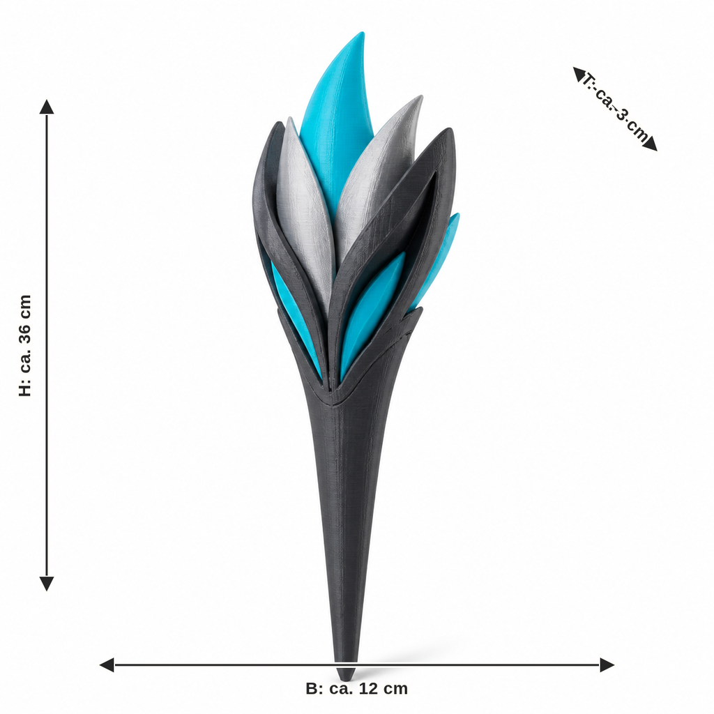 Dimensional image for Futuristic garden stake with flame motif: width approx. 12 cm, depth approx. 3 cm, height approx. 36 cm
