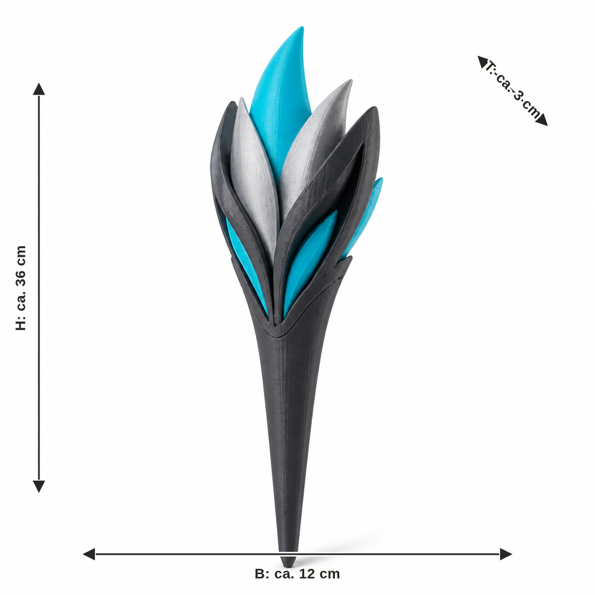 Dimensional image for Futuristic garden stake with flame motif: width approx. 12 cm, depth approx. 3 cm, height approx. 36 cm