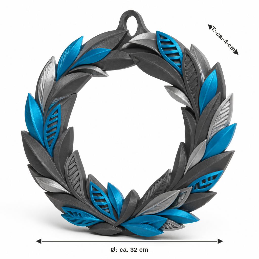 Maßbild für Futuristischer Türkranz mit Blattornamenten: Durchmesser ca. 32 cm, Tiefe ca. 4 cm