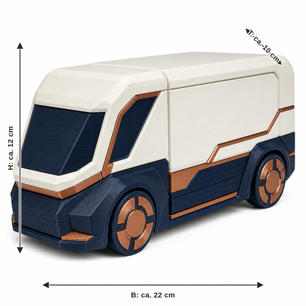 Measurement for futuristic delivery van model in white and blue: width approx. 22 cm, depth approx. 10 cm, height approx. 12 cm