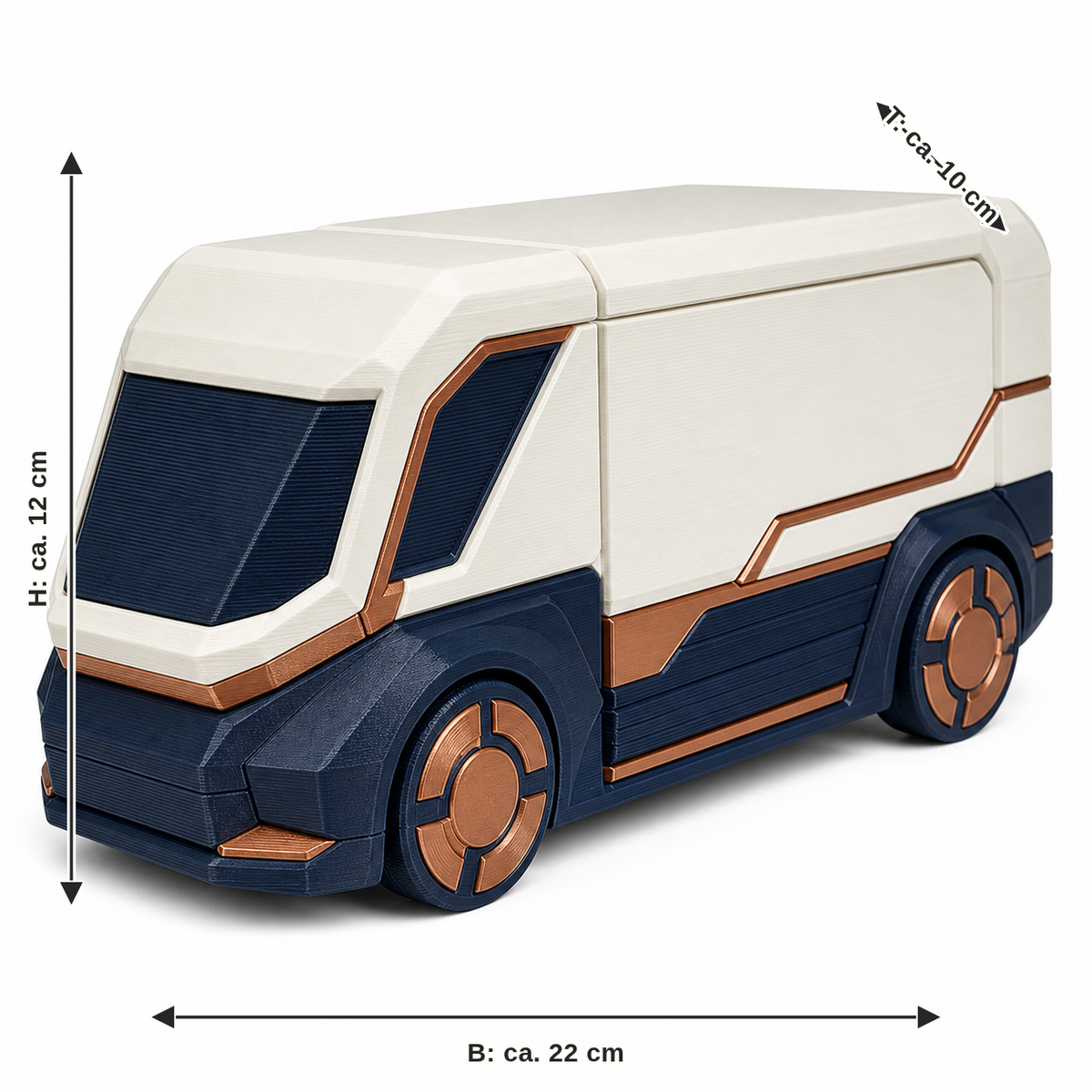 Measurement for futuristic delivery van model in white and blue: width approx. 22 cm, depth approx. 10 cm, height approx. 12 cm