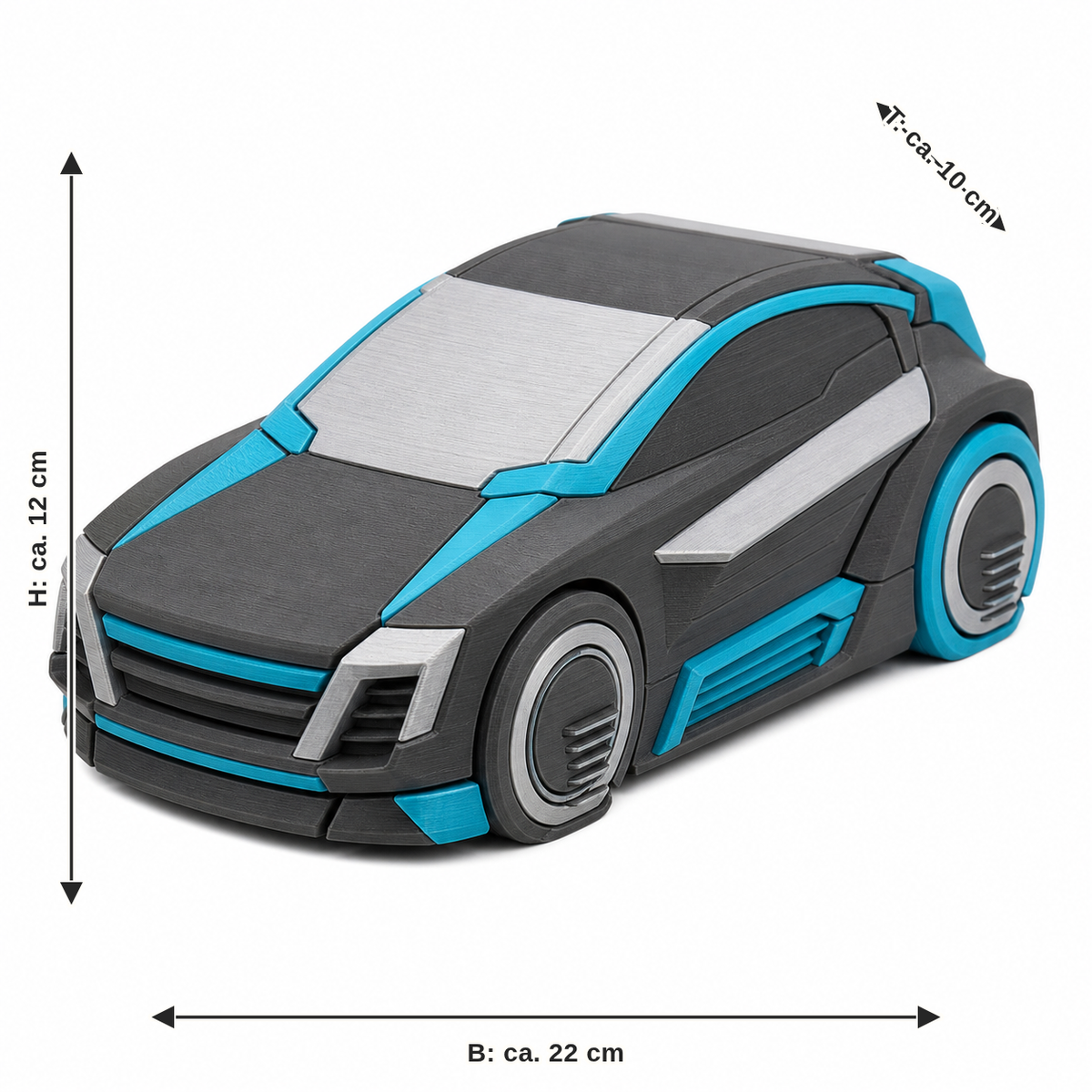 Measurement for futuristic sports car model in black and cyan: width approx. 22 cm, depth approx. 10 cm, height approx. 12 cm