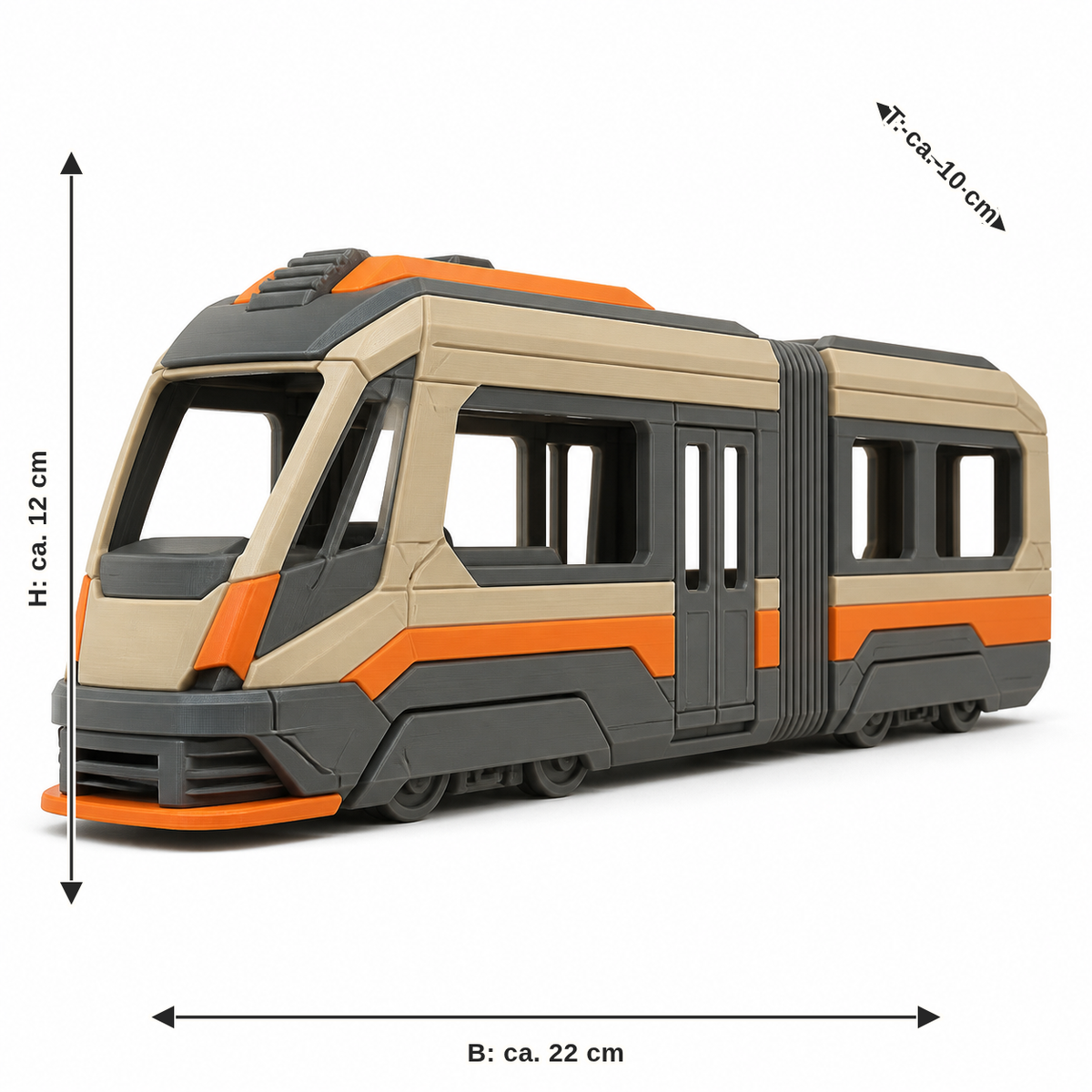 Maßbild für Futuristisches Straßenbahnmodell in Beige und Orange: Breite ca. 22 cm, Tiefe ca. 10 cm, Höhe ca. 12 cm