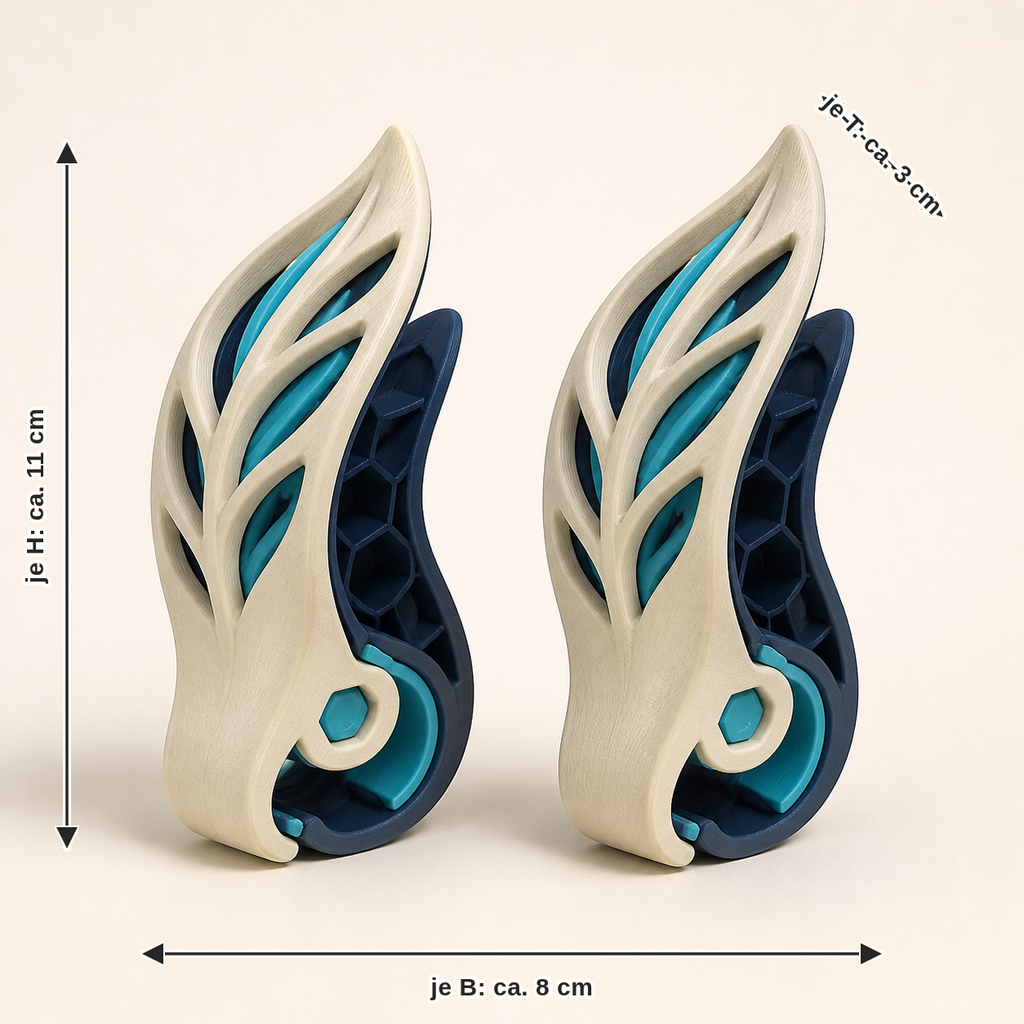 Dimensional image for curtain clip sheet pair – Futuristic: per width approx. 8 cm, depth approx. 3 cm, height approx. 11 cm