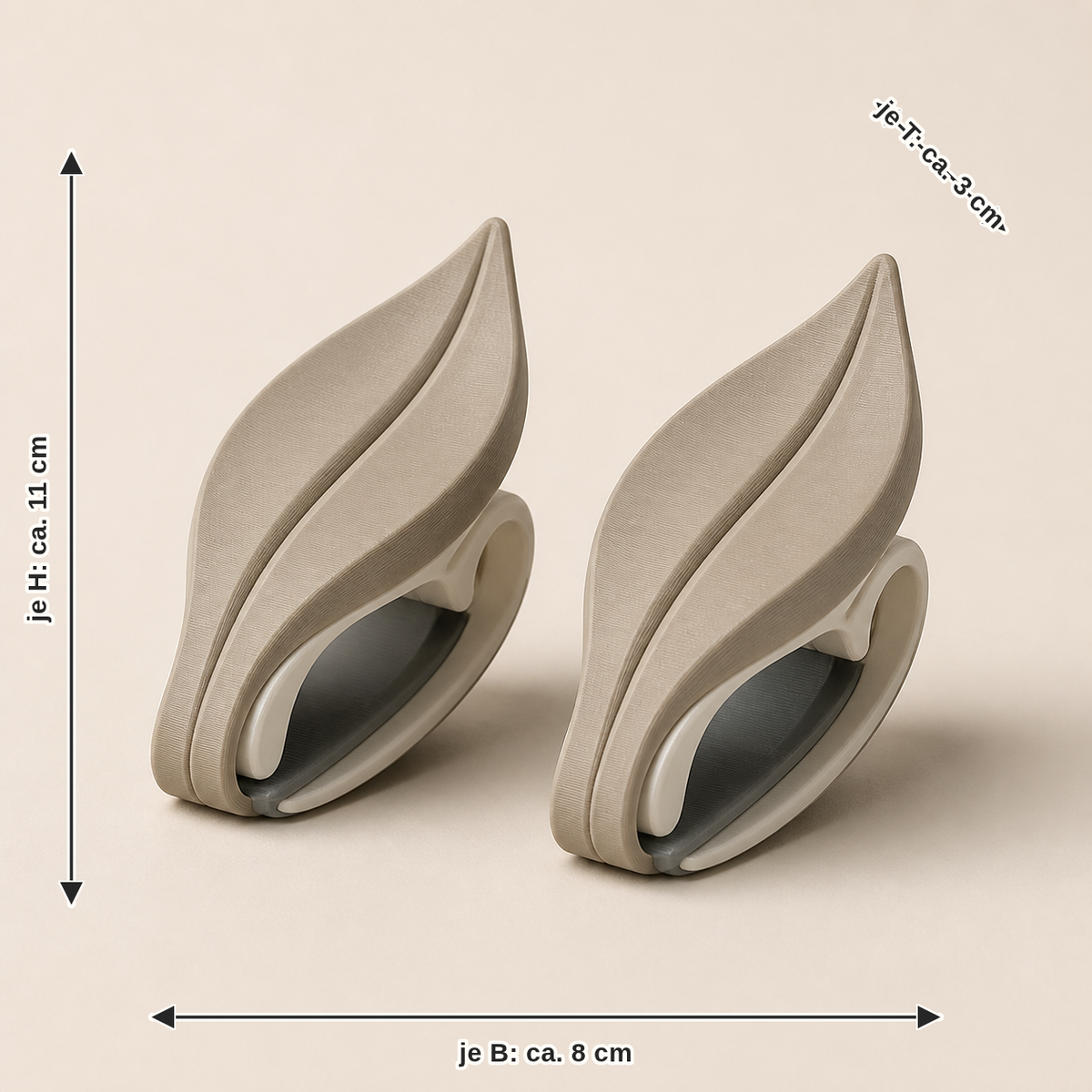 Dimensional image for curtain clip sheet pair – minimalist: per width approx. 8 cm, depth approx. 3 cm, height approx. 11 cm