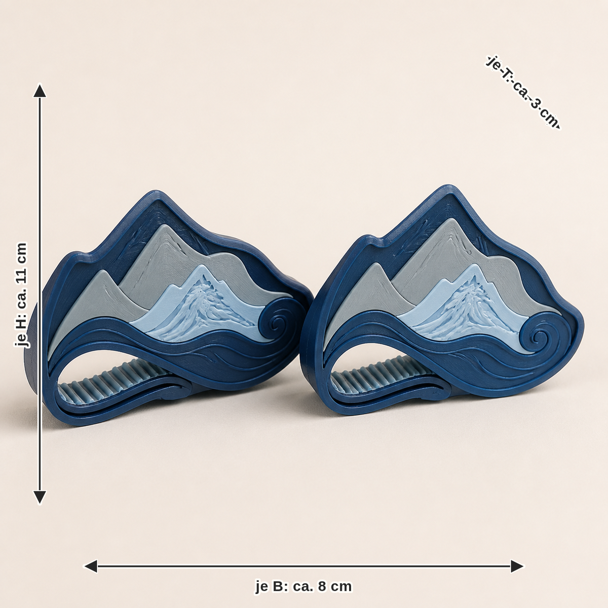 Dimensional image for curtain clip sheet pair – Nordic & Mythical: per width approx. 8 cm, depth approx. 3 cm, height approx. 11 cm