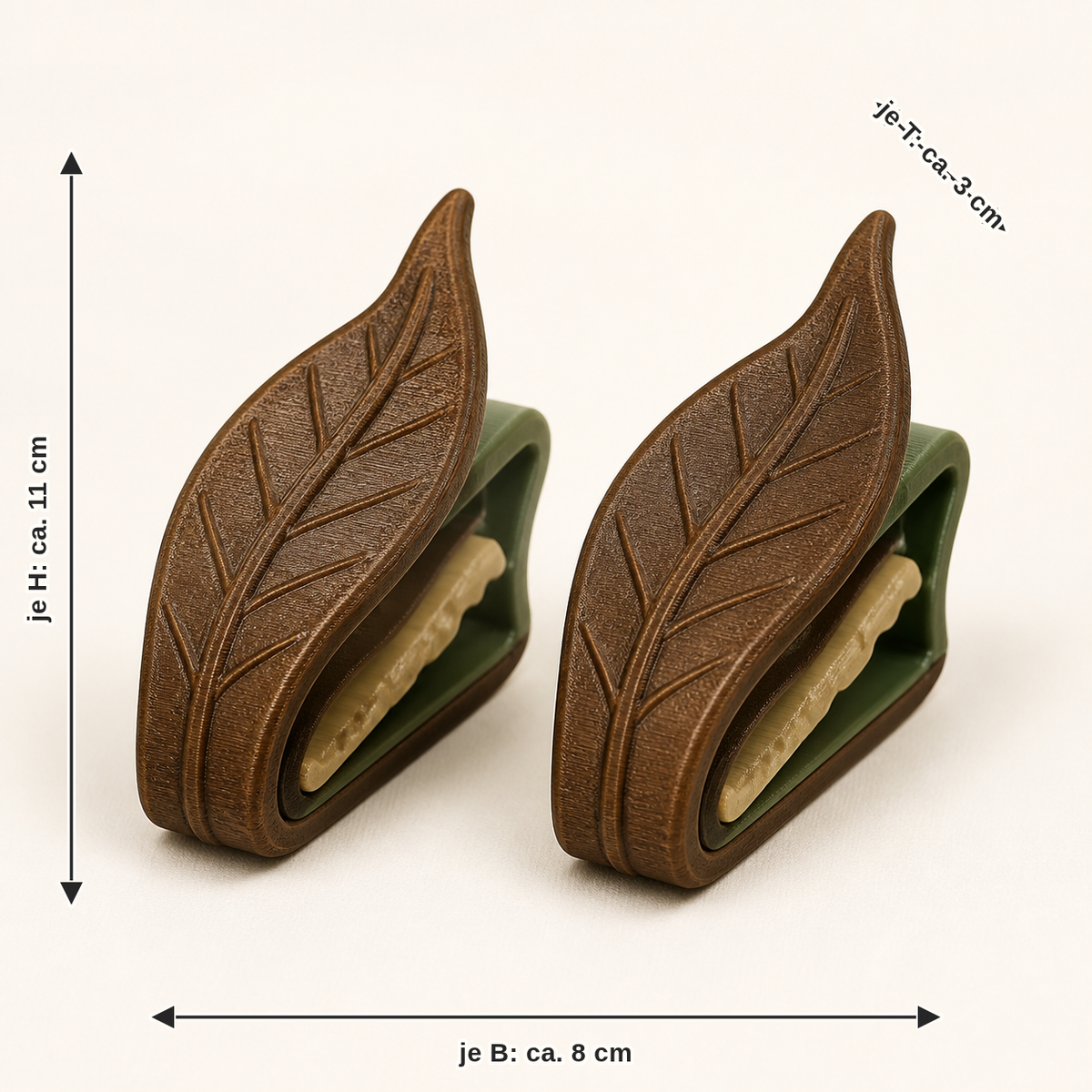 Dimensional picture for curtain clip sheet pair – rustic: per width approx. 8 cm, depth approx. 3 cm, height approx. 11 cm
