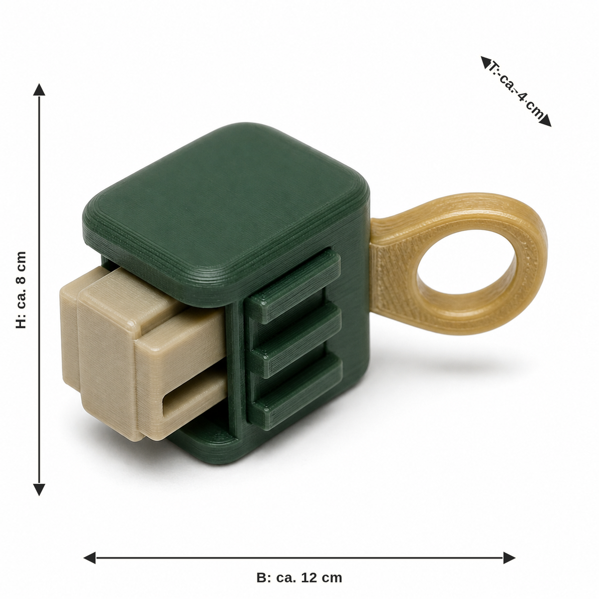 Dimensional image for curtain clip Emerald loop: width approx. 12 cm, depth approx. 4 cm, height approx. 8 cm