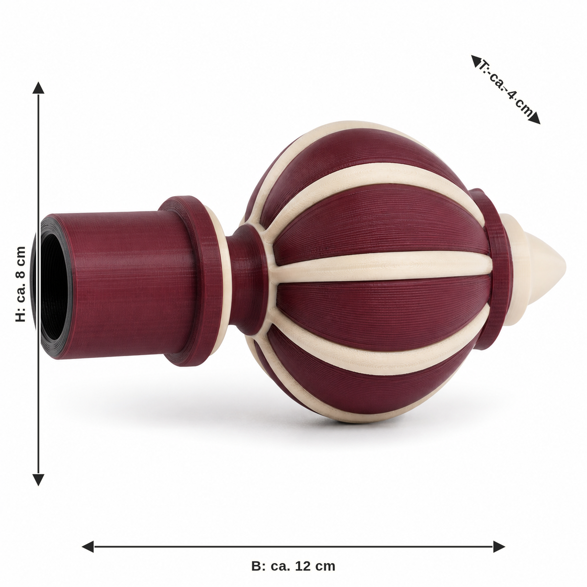 Measurement for curtain end piece Bordeaux bud: width approx. 12 cm, depth approx. 4 cm, height approx. 8 cm