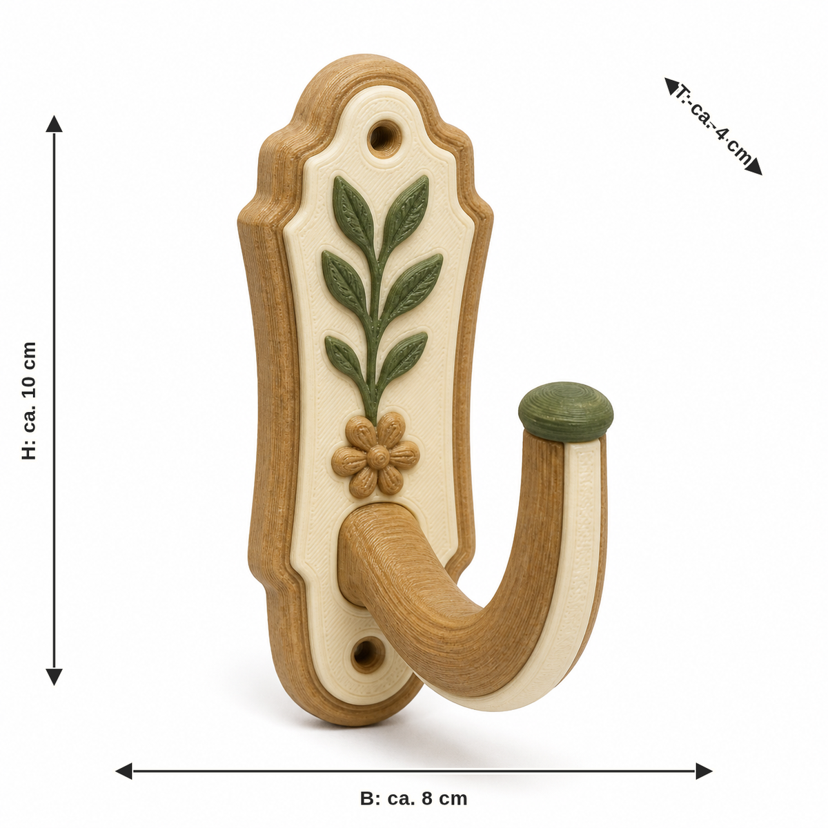 Dimensional image for curtain hook with framed leaf motif: width approx. 8 cm, depth approx. 4 cm, height approx. 10 cm
