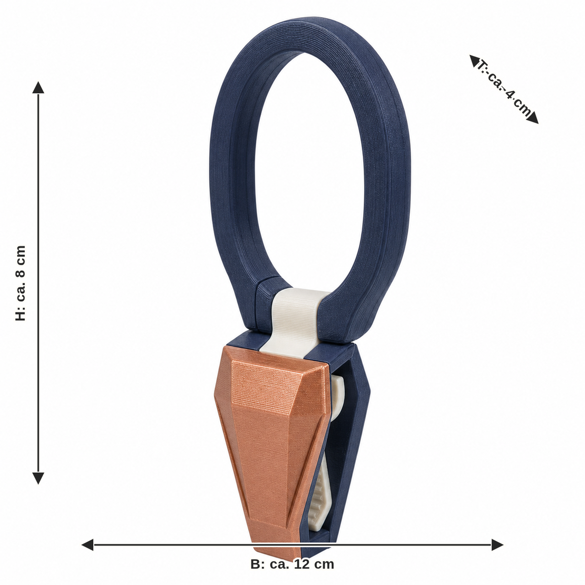 Dimensional image for curtain holder with oval loop: width approx. 12 cm, depth approx. 4 cm, height approx. 8 cm