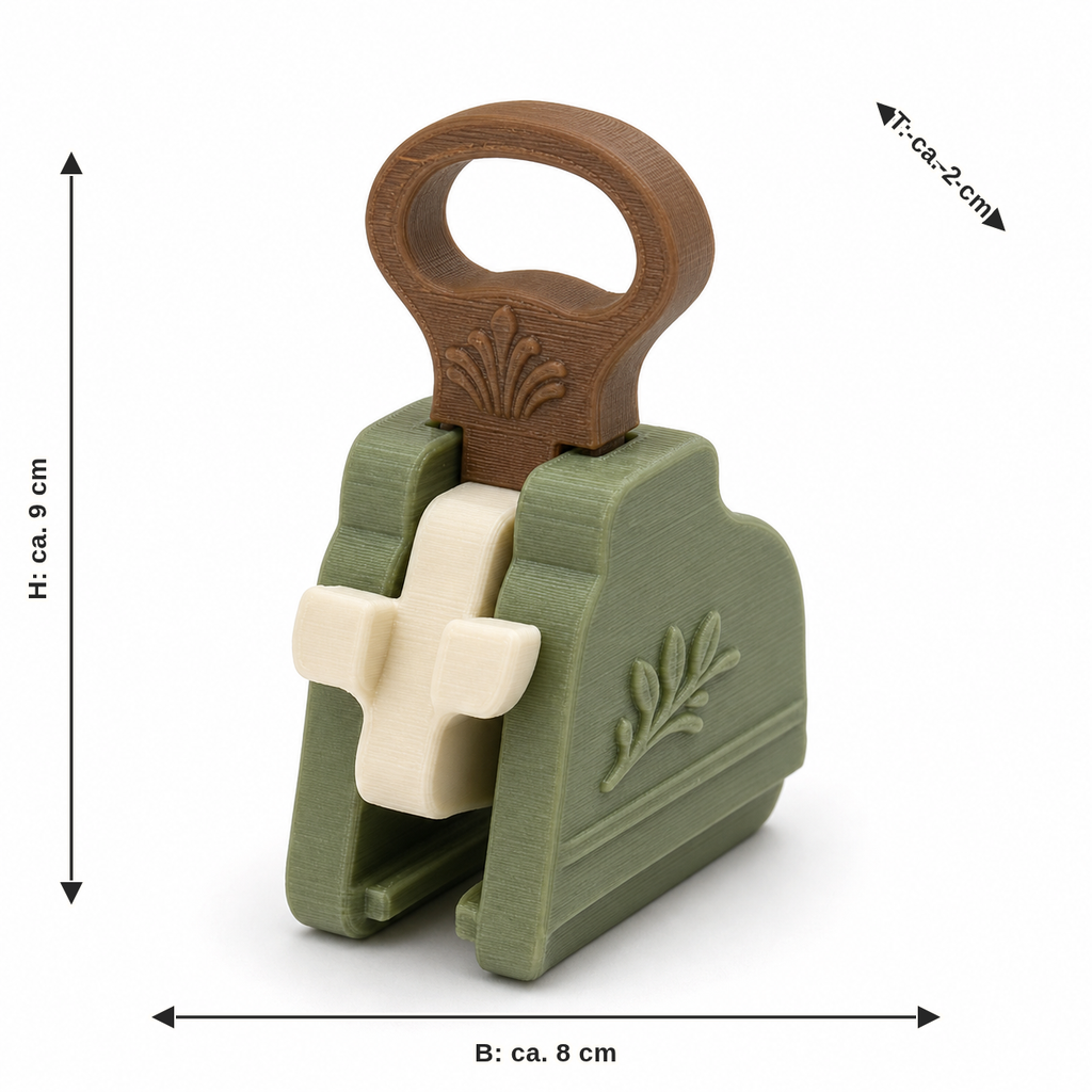 Dimensional image for curtain clamp with large handle ring: width approx. 8 cm, depth approx. 2 cm, height approx. 9 cm