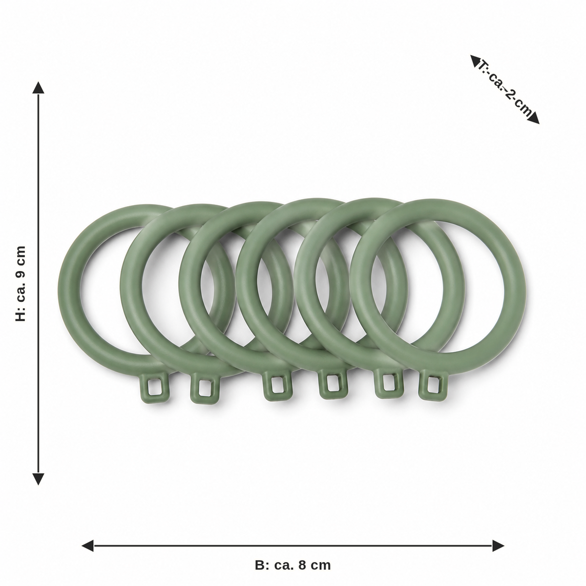 Dimensional image for curtain ring with eye in sage green: width about 8 cm, depth about 2 cm, height about 9 cm