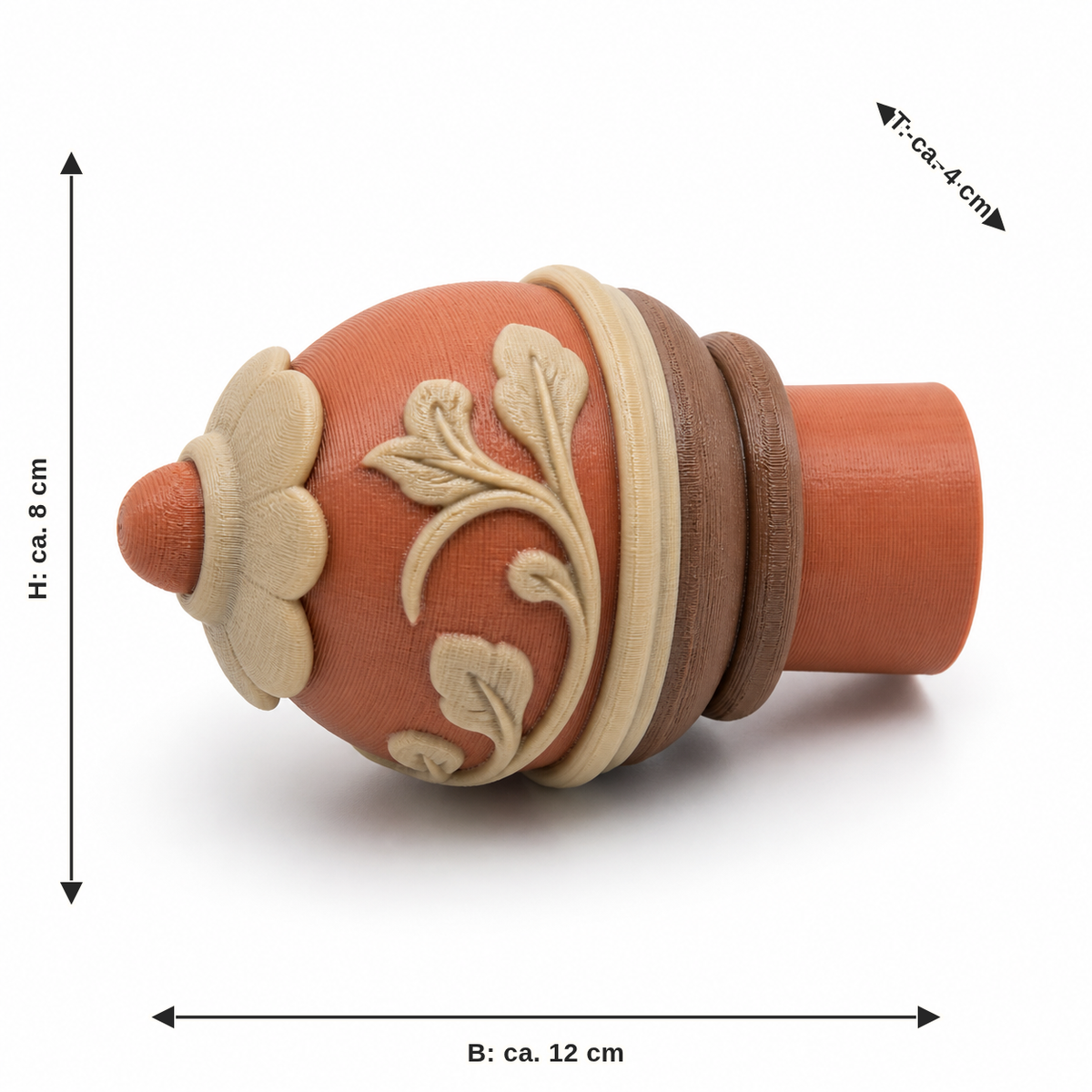 Dimensional image for curtain rod end piece with leaf bars: width approx. 12 cm, depth approx. 4 cm, height approx. 8 cm
