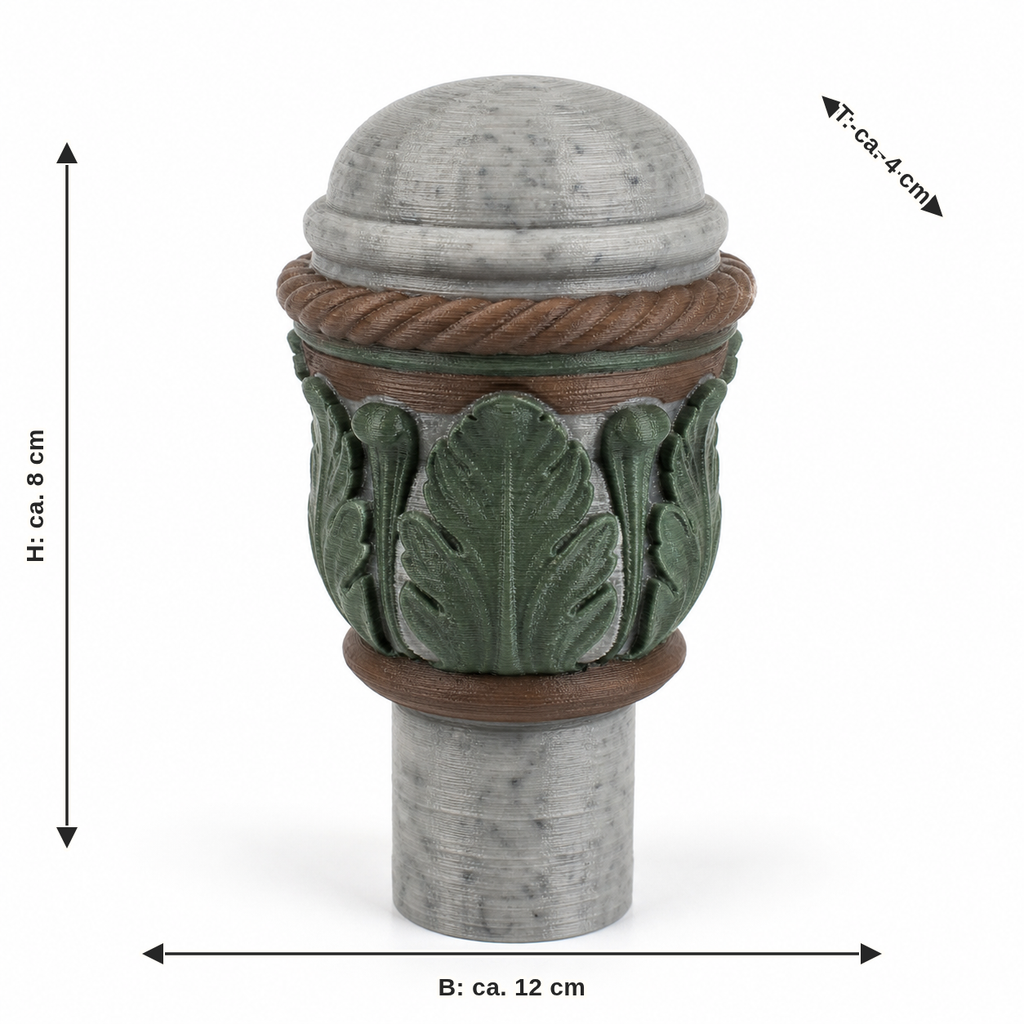 Dimensional image for curtain rod end piece with leaf relief: width approx. 12 cm, depth approx. 4 cm, height approx. 8 cm