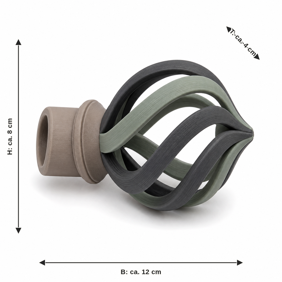 Dimensional image for curtain rod end piece with braided ball: width approx. 12 cm, depth approx. 4 cm, height approx. 8 cm