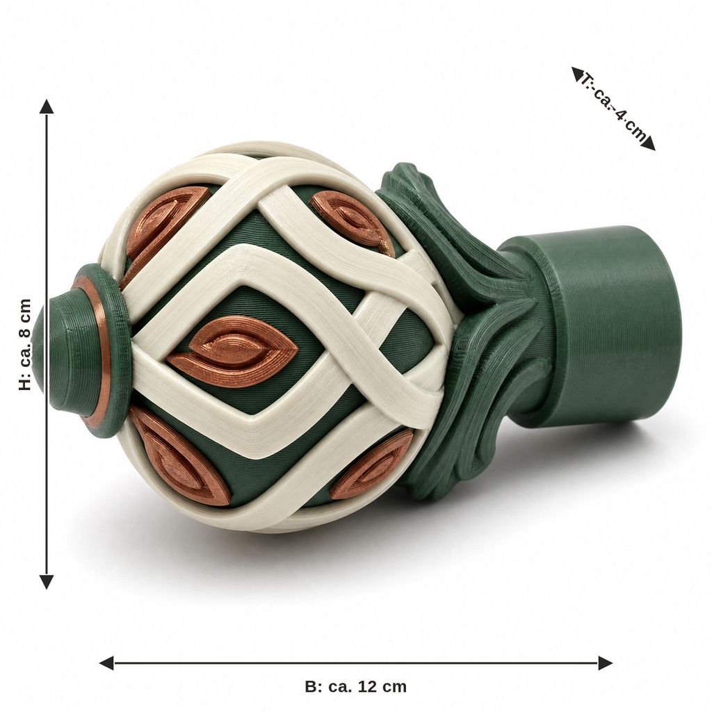 Dimensional image for curtain rod end piece with knot ornament: width approx. 12 cm, depth approx. 4 cm, height approx. 8 cm