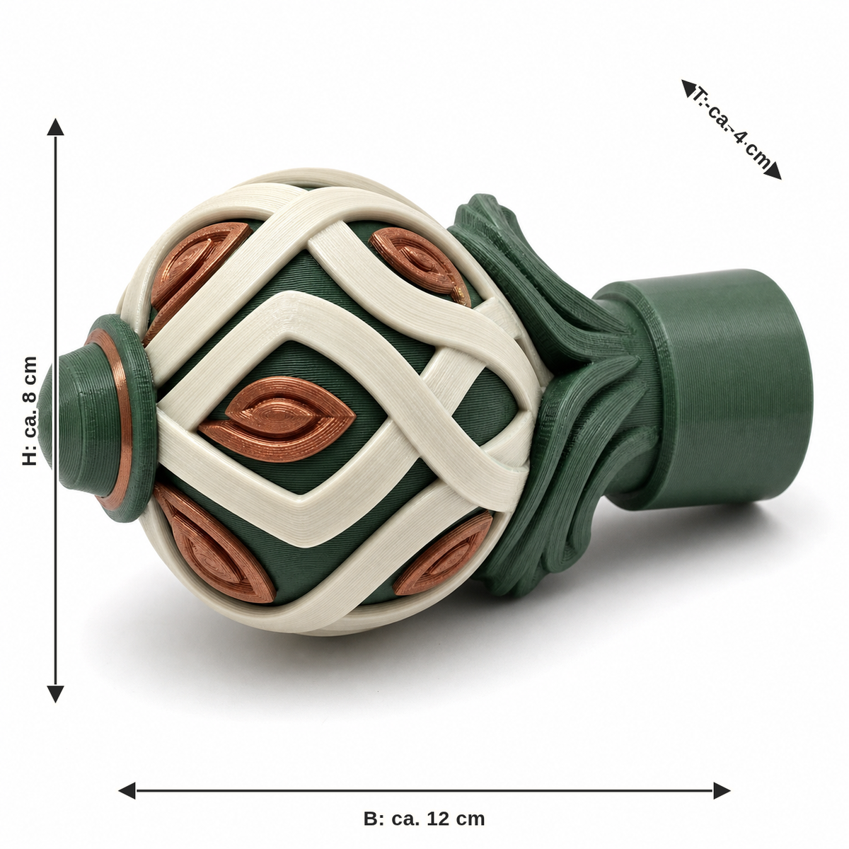 Dimensional image for curtain rod end piece with knot ornament: width approx. 12 cm, depth approx. 4 cm, height approx. 8 cm