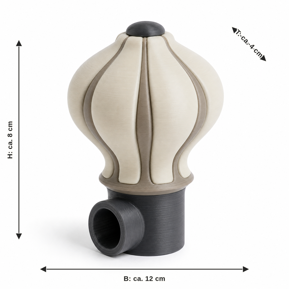 Dimensional image for curtain rod end piece with quiet flower shape: width approx. 12 cm, depth approx. 4 cm, height approx. 8 cm