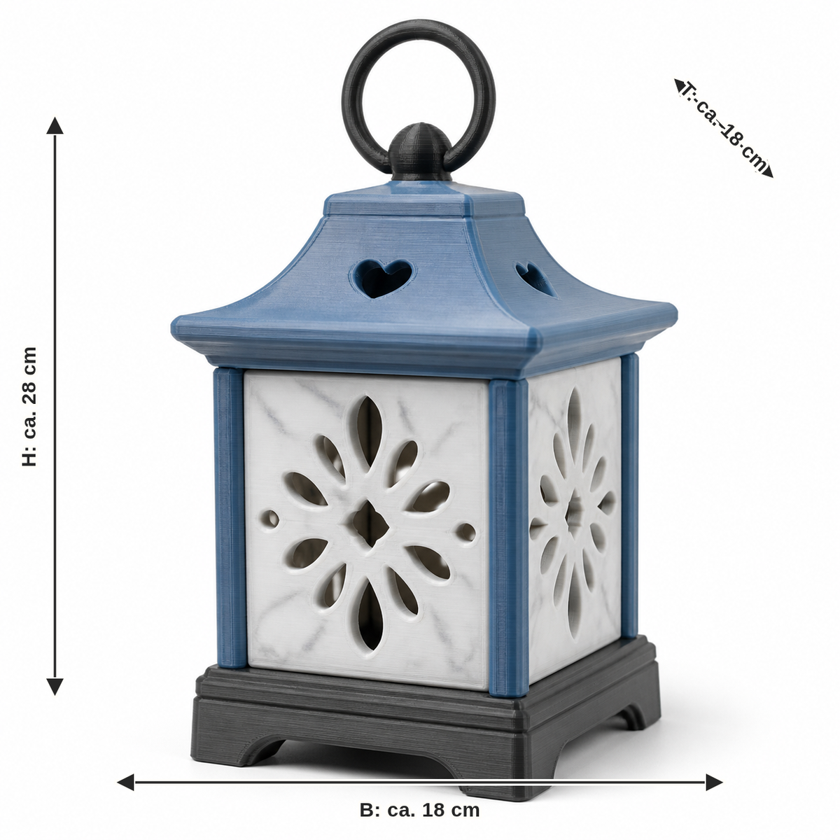 Dimensional image for garden lantern with flower cutouts: width about 18 cm, depth about 18 cm, height about 28 cm