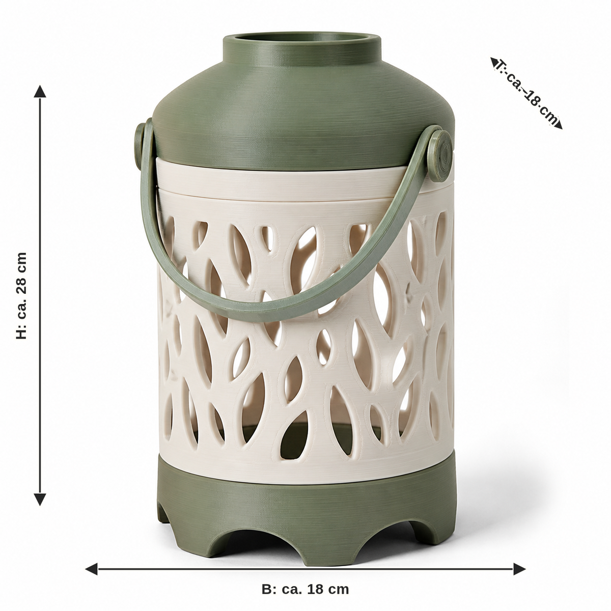 Dimensional image for garden lantern with soft leaf grid: width about 18 cm, depth about 18 cm, height about 28 cm