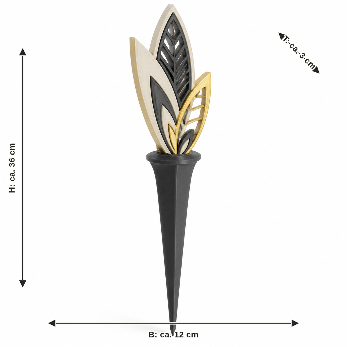 Measurement for garden stake gold spring: width approx. 12 cm, depth approx. 3 cm, height approx. 36 cm