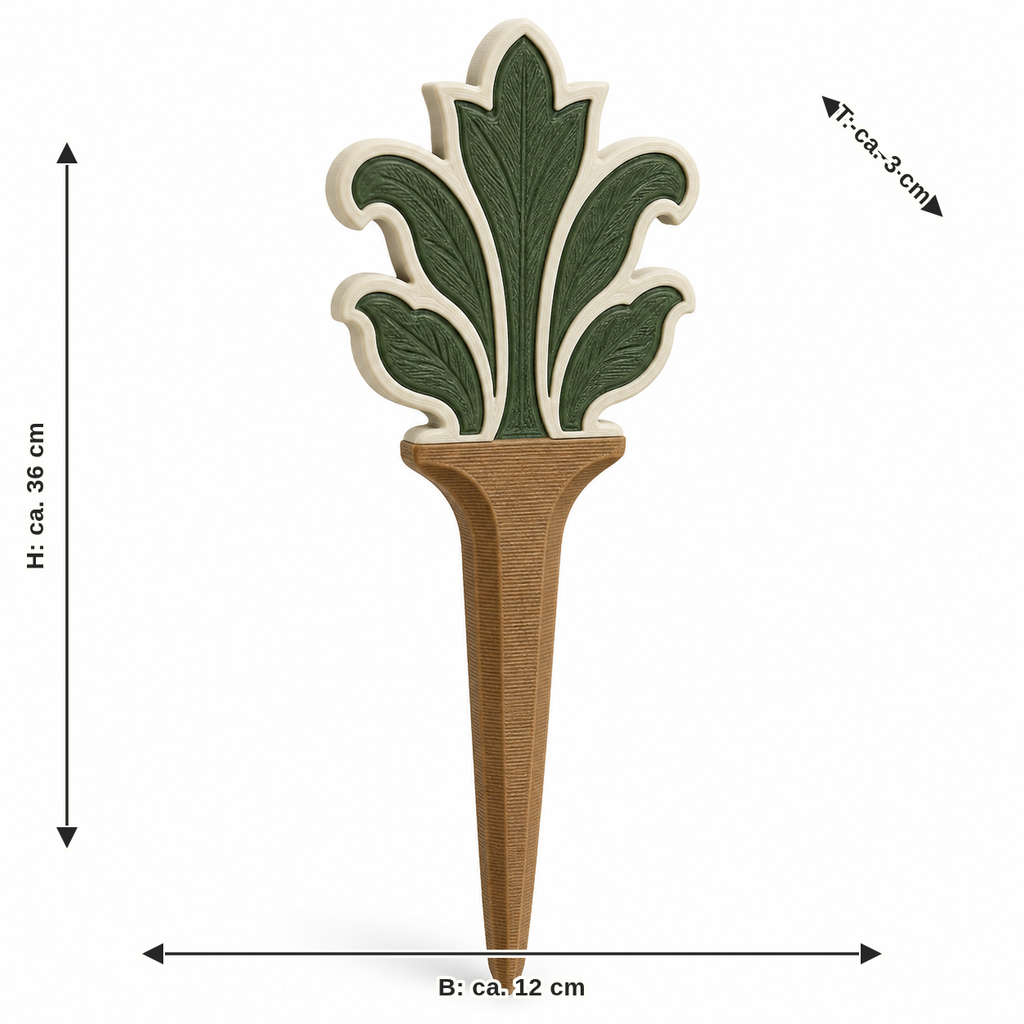 Dimensional image for garden stake with leaf ornament: width about 12 cm, depth about 3 cm, height about 36 cm
