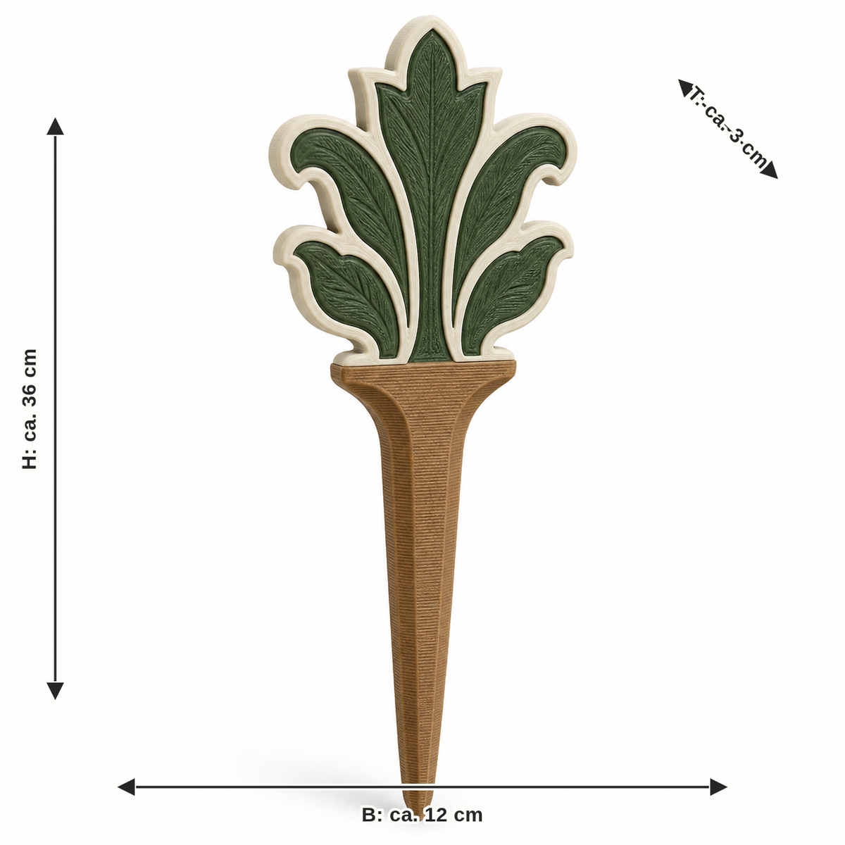Dimensional image for garden stake with leaf ornament: width about 12 cm, depth about 3 cm, height about 36 cm