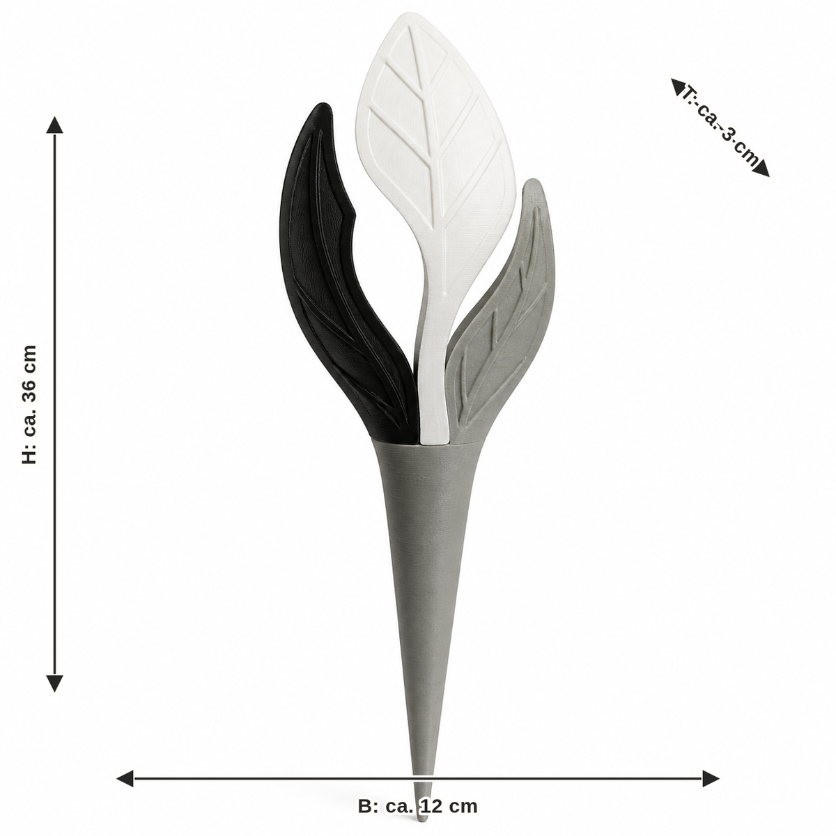 Dimensional image for garden stake with three abstract leaves: width about 12 cm, depth about 3 cm, height about 36 cm