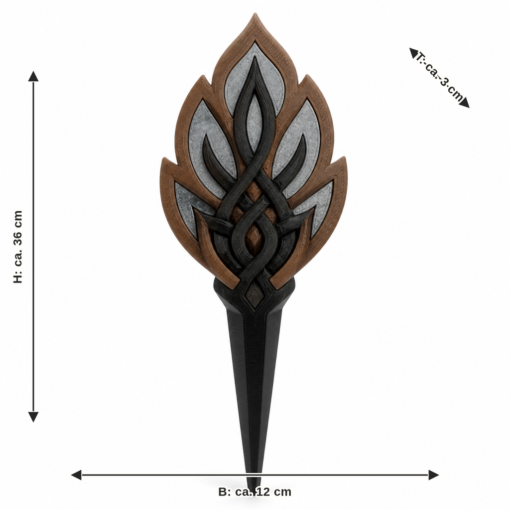 Dimensional image for garden stake with mythical flame node: width approx. 12 cm, depth approx. 3 cm, height approx. 36 cm