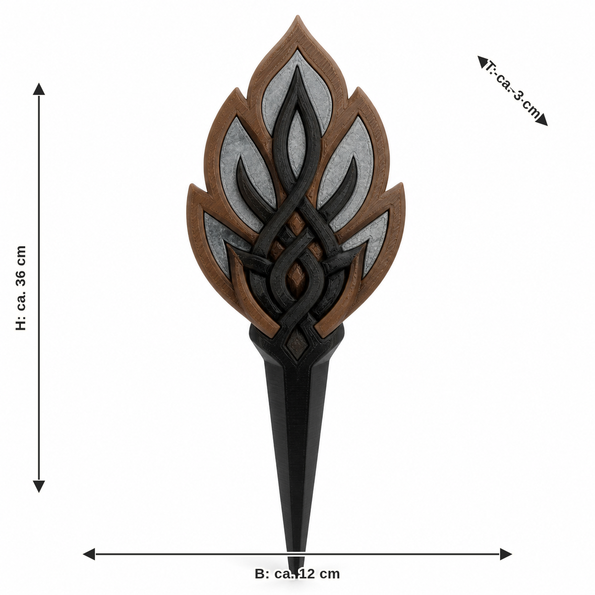 Dimensional image for garden stake with mythical flame node: width approx. 12 cm, depth approx. 3 cm, height approx. 36 cm