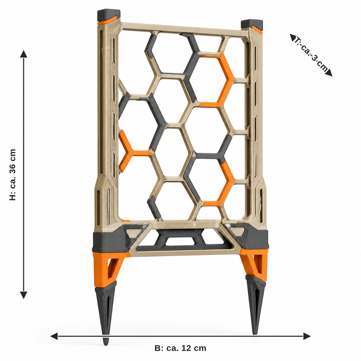 Dimensional image for garden stake with open honeycomb grid: width approx. 12 cm, depth approx. 3 cm, height approx. 36 cm