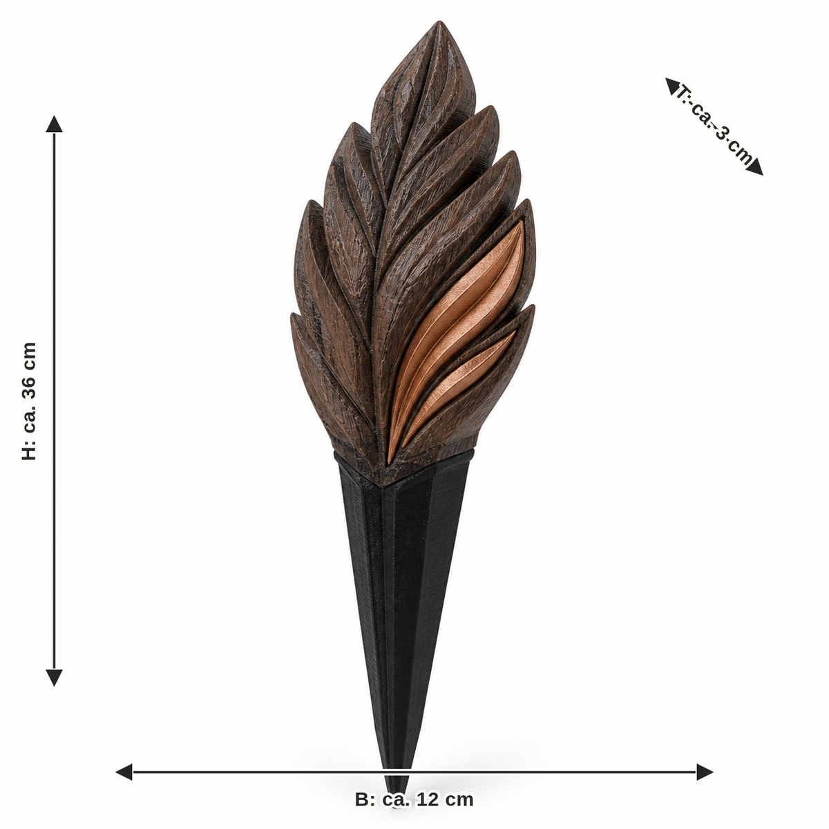 Dimensional image for garden stake with rustic spring flame: width approx. 12 cm, depth approx. 3 cm, height approx. 36 cm
