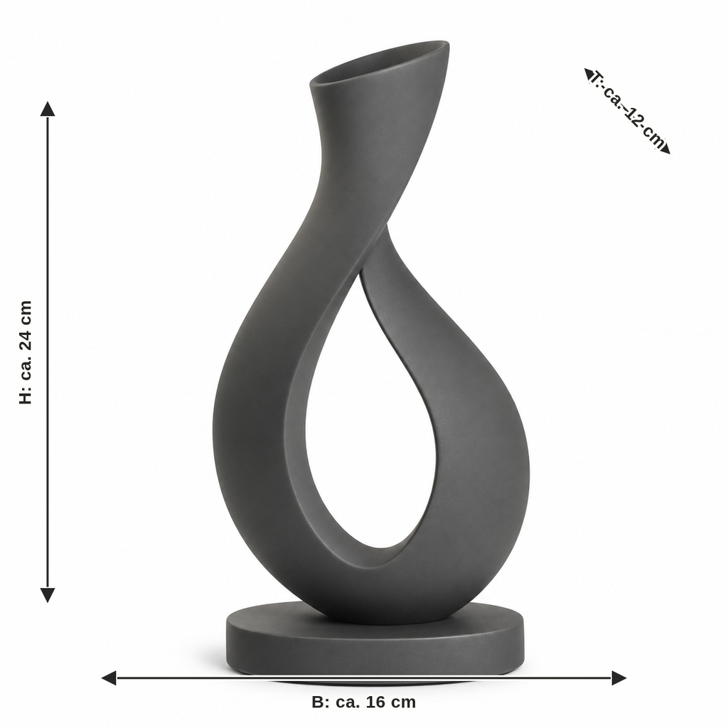 Maßbild für Gedrehte Bandskulptur in Graphitgrau: Breite ca. 16 cm, Tiefe ca. 12 cm, Höhe ca. 24 cm