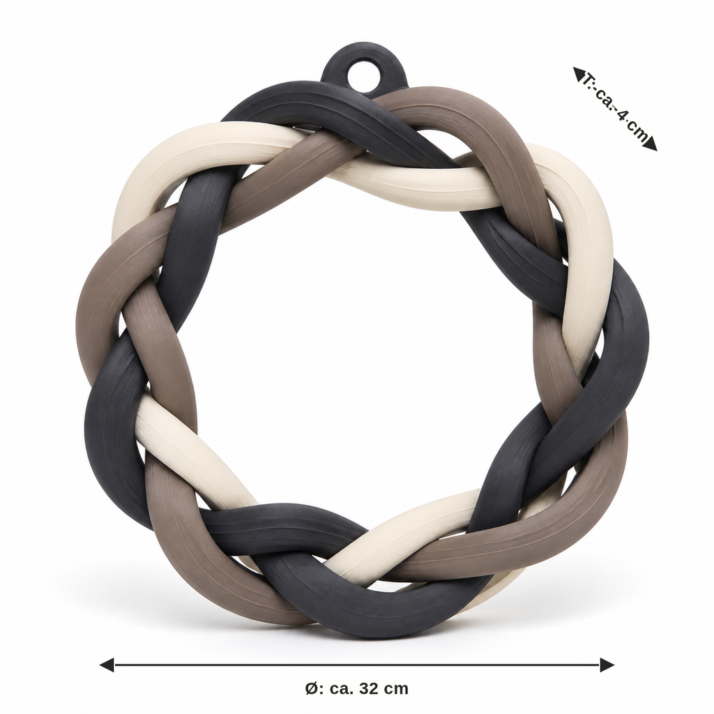 Measurement for braided door wreath in anthracite and taupe: diameter approx. 32 cm, depth approx. 4 cm