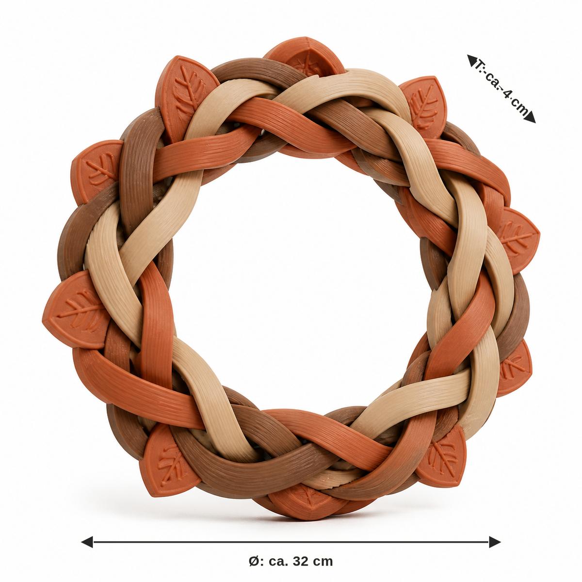 Measurement for braided door wreath in terracotta and beige: diameter approx. 32 cm, depth approx. 4 cm