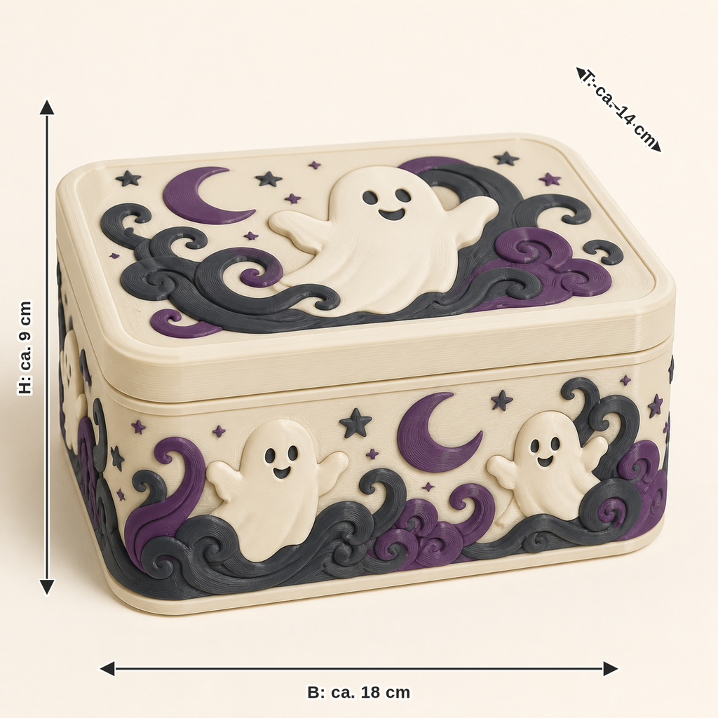 Maßbild für Geisternacht-Aufbewahrungsbox Geistertruhe: Breite ca. 18 cm, Tiefe ca. 14 cm, Höhe ca. 9 cm