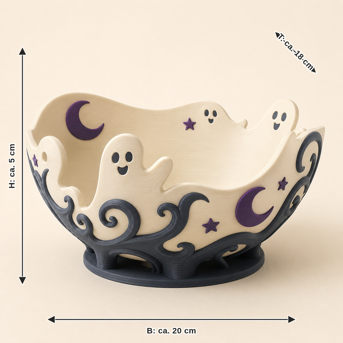 Maßbild für Geisternacht-Dekoschale Spukschale: Breite ca. 20 cm, Tiefe ca. 18 cm, Höhe ca. 5 cm
