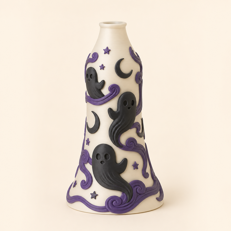 Geisternacht-Trockenblumen-Vase Geisterstimmen aus 3D-gedrucktem PETG in Knochenweiß, Anthrazit, Dunkelviolett