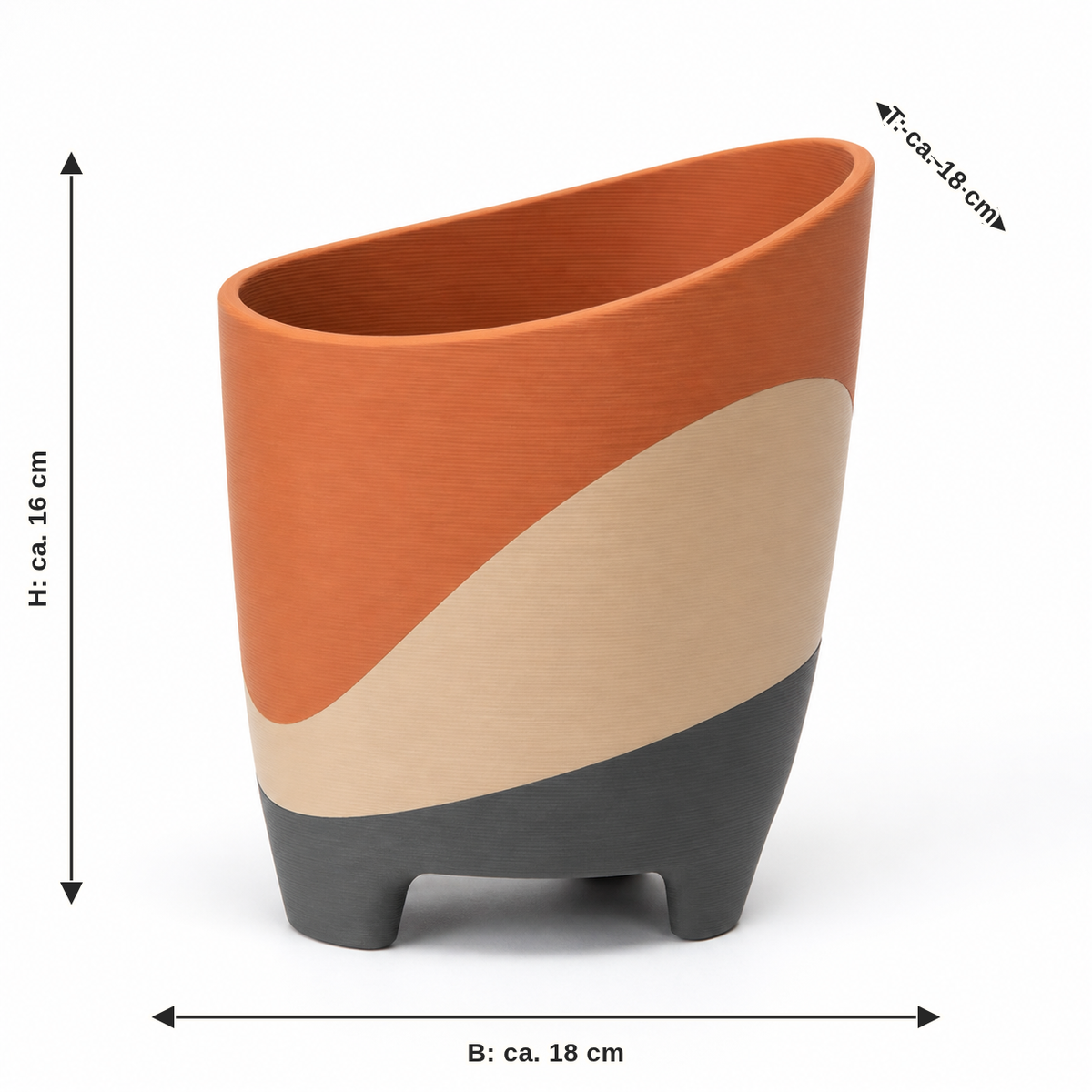 Maßbild für Geneigter Pflanztopf in Terrakotta: Breite ca. 18 cm, Tiefe ca. 18 cm, Höhe ca. 16 cm