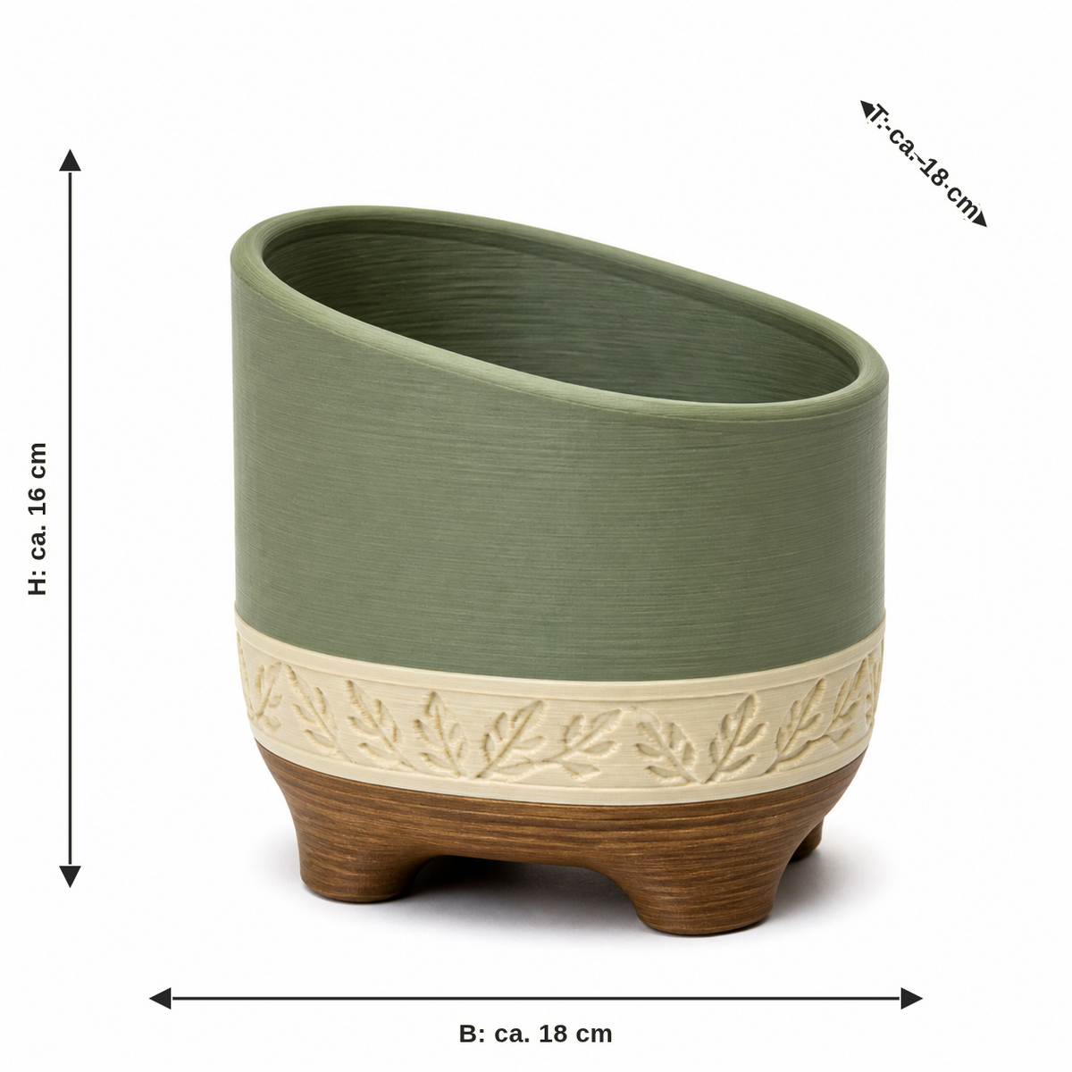 Maßbild für Geneigter Pflanztopf mit Blattfries: Breite ca. 18 cm, Tiefe ca. 18 cm, Höhe ca. 16 cm