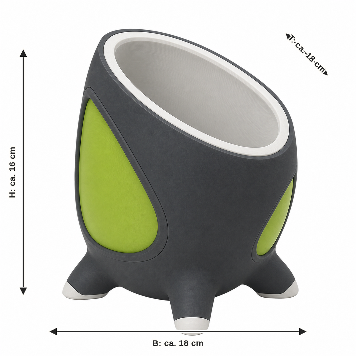 Dimensional image for suitable plant pot with green side fields: width approx. 18 cm, depth approx. 18 cm, height approx. 16 cm