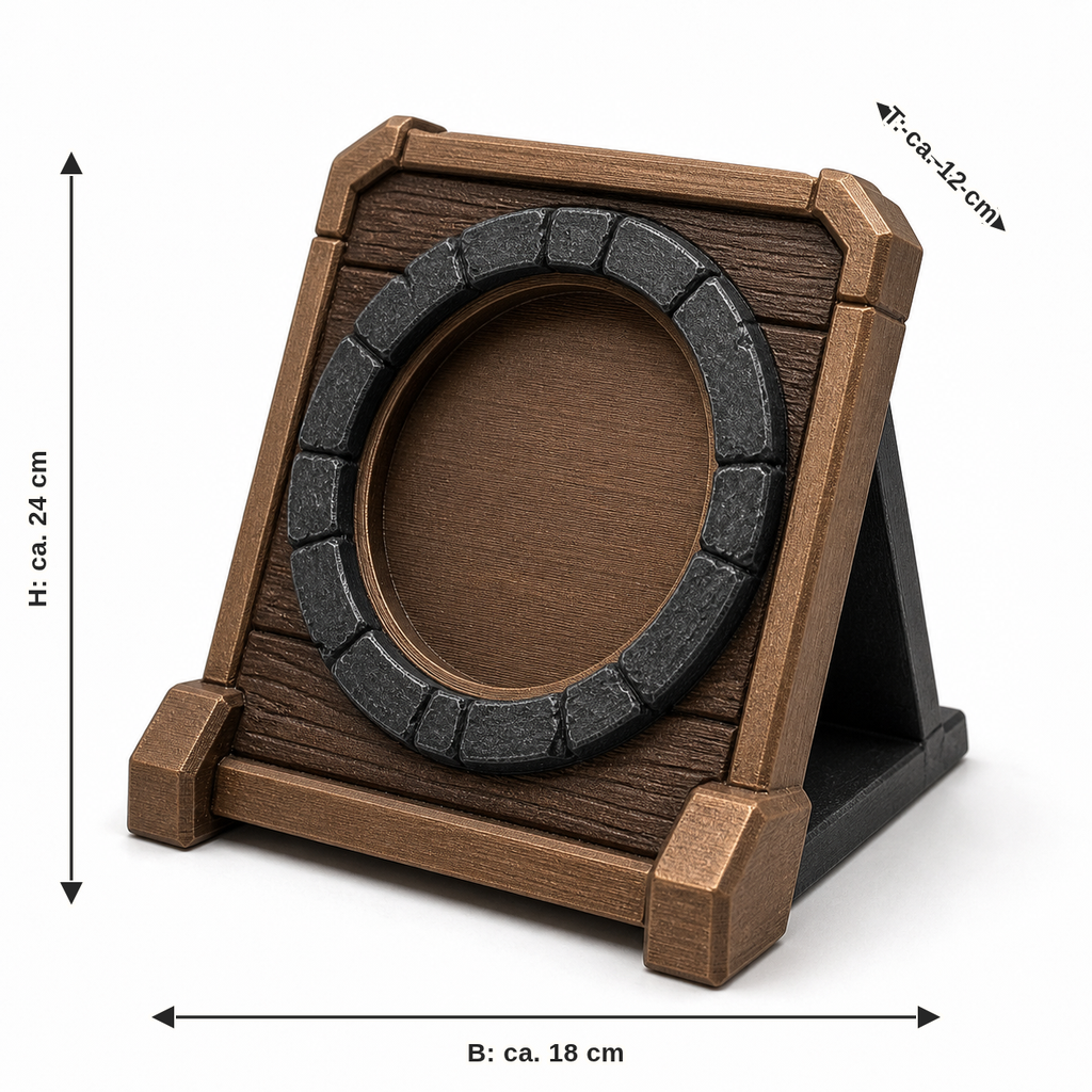 Maßbild für Geneigter Präsentationsrahmen in Holz- und Felsoptik: Breite ca. 18 cm, Tiefe ca. 12 cm, Höhe ca. 24 cm