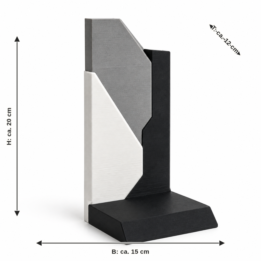 Dimensional image for geometric bookend with diagonal folding: width approx. 15 cm, depth approx. 12 cm, height approx. 20 cm