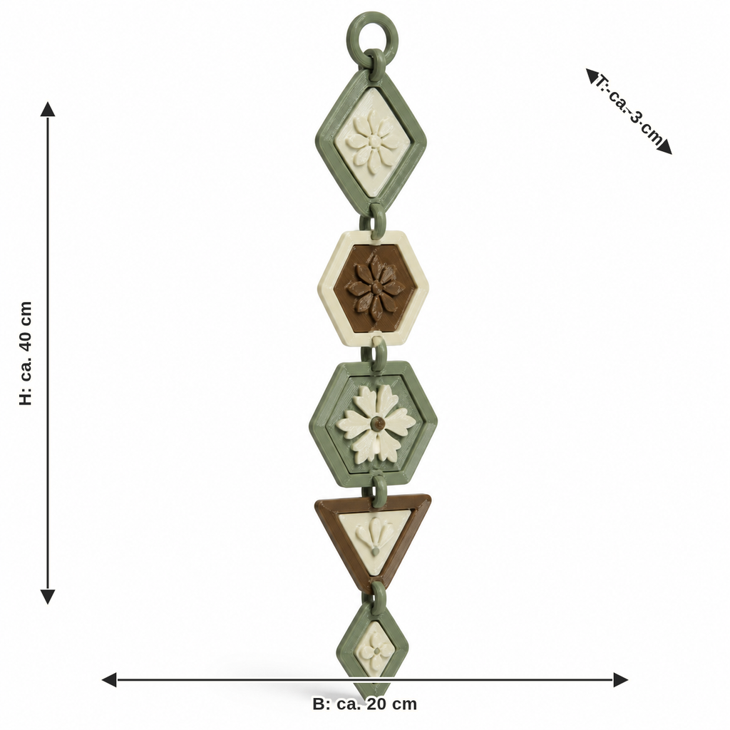 Dimensional image for Geometric hanging decoration with five ornaments: width approx. 20 cm, depth approx. 3 cm, height approx. 40 cm