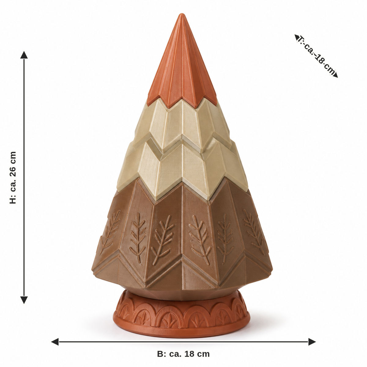Maßbild für Geometrischer Deko-Weihnachtsbaum mit Blattsockel: Breite ca. 18 cm, Tiefe ca. 18 cm, Höhe ca. 26 cm