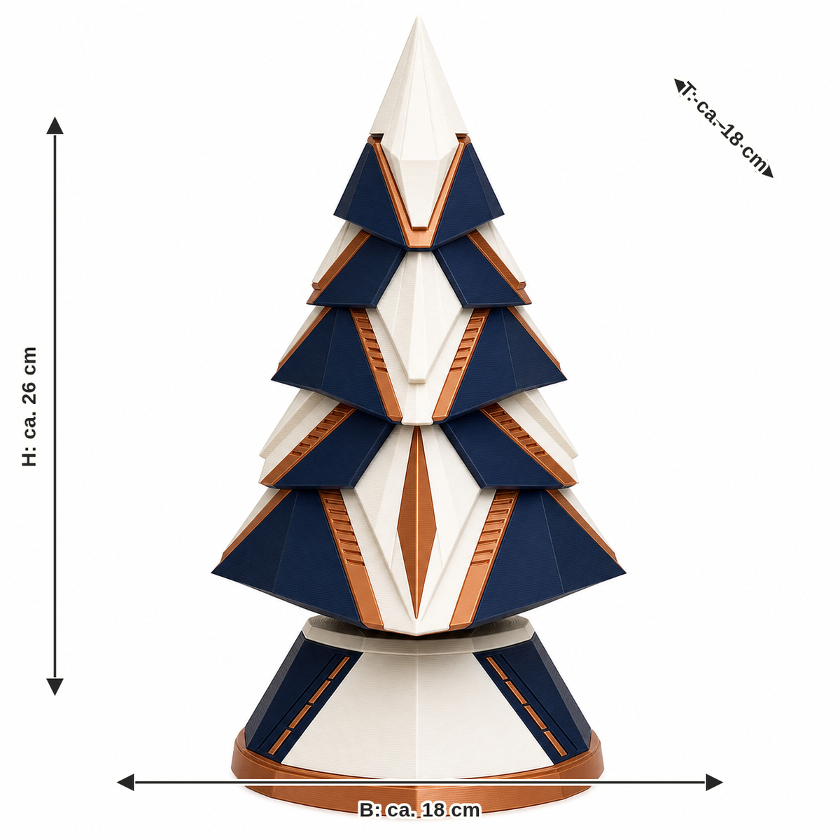 Maßbild für Geometrischer Deko-Weihnachtsbaum mit Kupferkanten: Breite ca. 18 cm, Tiefe ca. 18 cm, Höhe ca. 26 cm